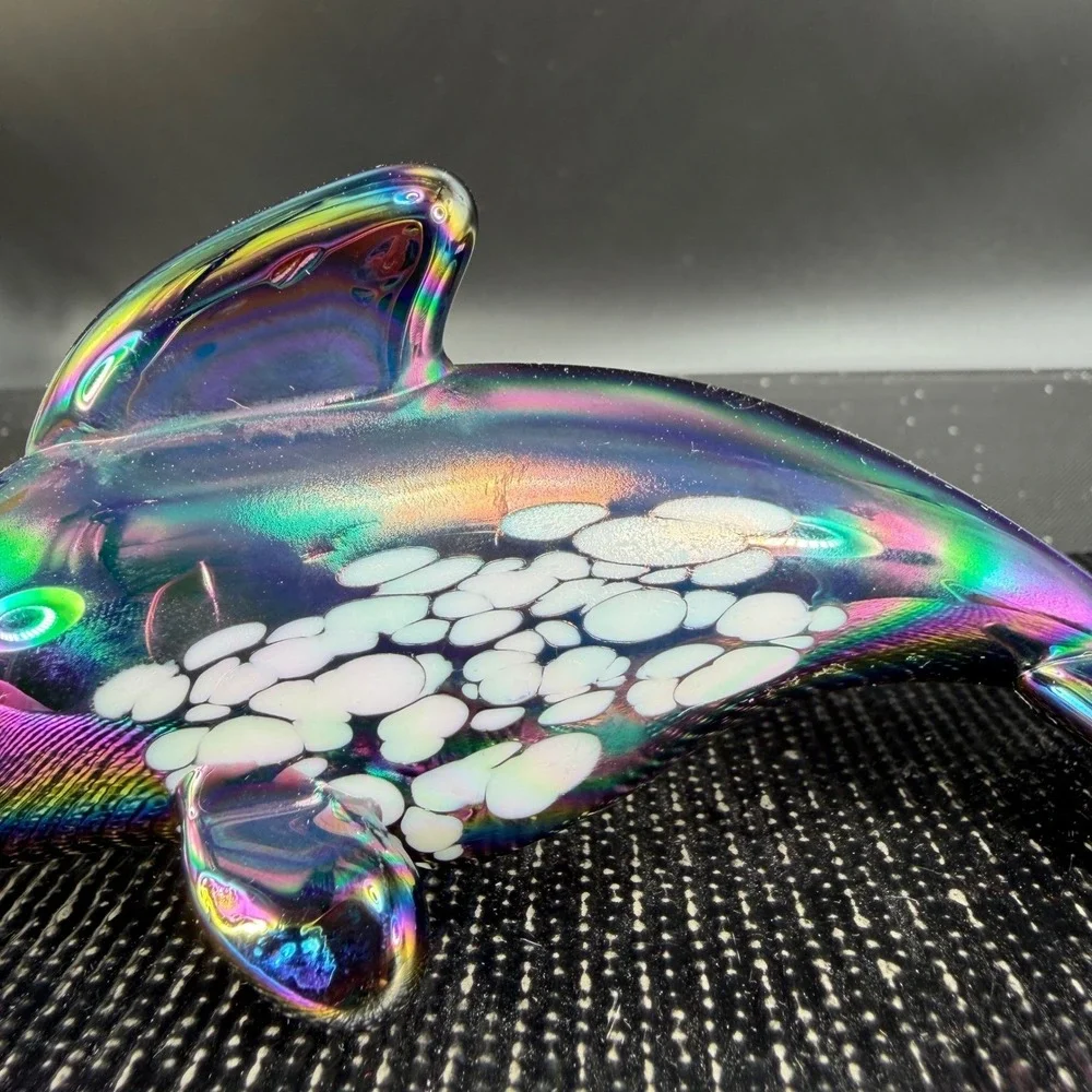 Pele of Hawaii Glass Iridescent Dolphin Figurine Carnival Glass White Spotted